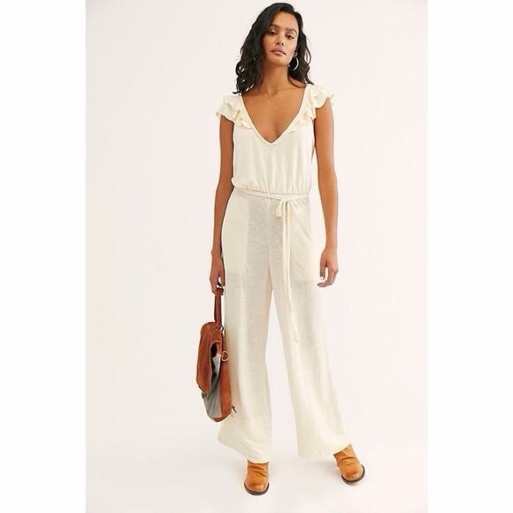 Free People Beach Calluna Jumpsuit Sleeveless Wide Leg Linen Blend Ivory Large - Picture 2 of 7